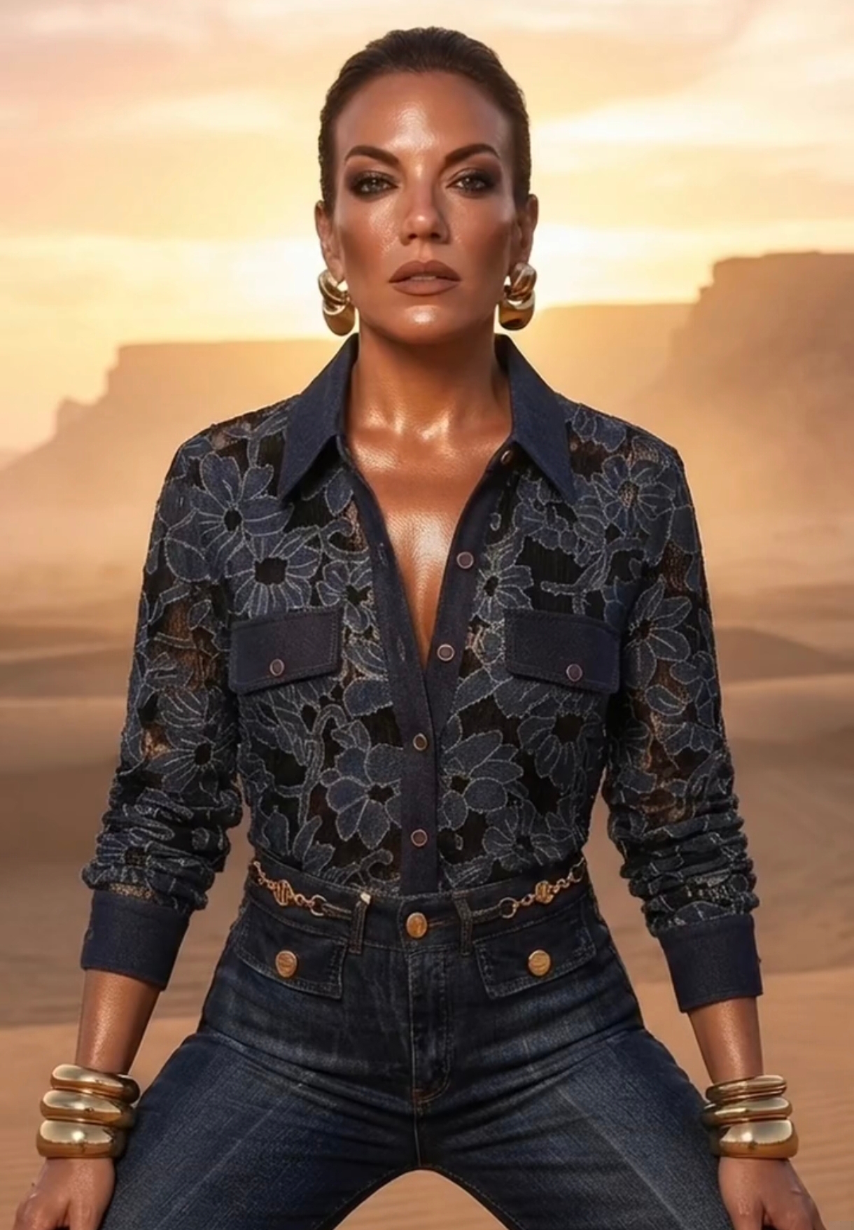Blusa de encaje floral con detalles denim O/I26