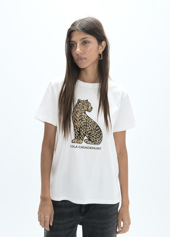 Camiseta cuello caja aberturas laterales y posicionado leopardo lentejuelas BLANCO